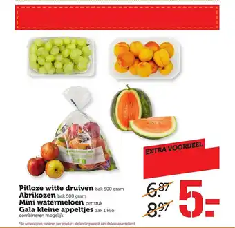 Coop Pitloze witte druiven, abrikozen, mini watermeloen of gala kleine appeltjes aanbieding