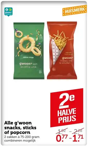 Coop Alle g'woon snacks, sticks of popcorn 75-200 gram aanbieding