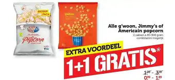 Coop Alle G'woon, Jimmy's Of Americain Popcorn 1+1 Gratis aanbieding