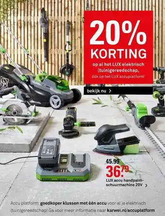 Karwei Lux Accu Handpalmschuurmachine 20V 20% Korting aanbieding