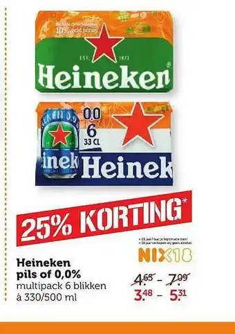 Coop Heineken Pils Of 0.0% 25% Korting aanbieding