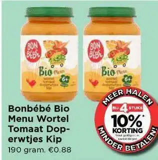 Vomar Voordeelmarkt Bonbébé Bio Menu Wortel Tomaat Doperwtjes Kip Bij 4 Stuks 10% Korting aanbieding