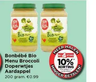 Vomar Voordeelmarkt Bonbébé Bio Menu Broccoli Doperwtjes Aardappel Bij 4 Stuks 10% Korting aanbieding