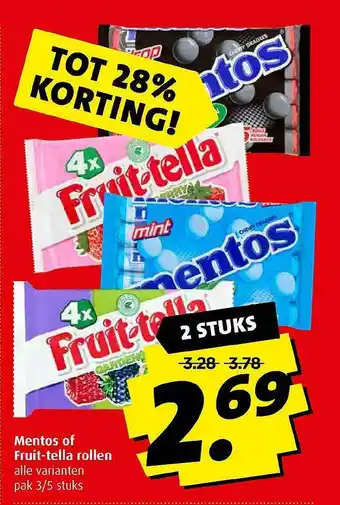 Boni Mentos Of Fruit-Tella Rollen Tot 28% Korting aanbieding