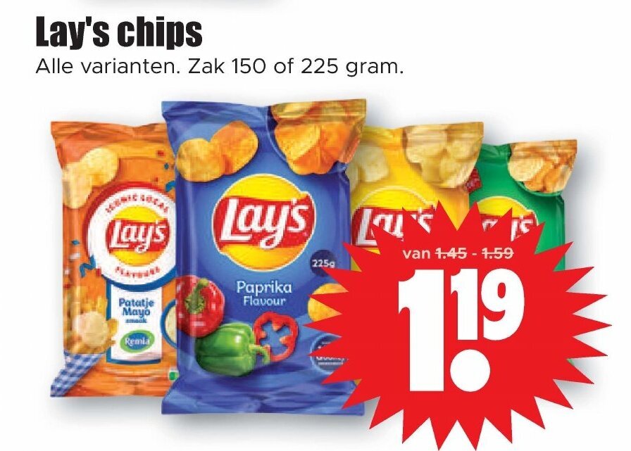 Lay's chips zak 150 of 225 gram aanbieding bij Dirk