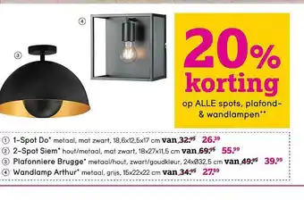 Leen Bakker 1-Spot Do, 2-Spot Siem, Plafonniere Brugge Of Wandlamp Arthur 20% Korting aanbieding