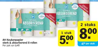 Albert Heijn AH Keukenpapier sterk & absorberend 8 rollen aanbieding