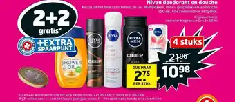 Trekpleister Nivea deodorant en douche 2+2 Gratis aanbieding