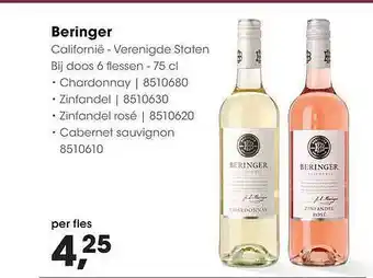 HANOS Beringer Chardonnay, Zinfandel, Zinfandel Rosé Of Cabernet Sauvignon aanbieding