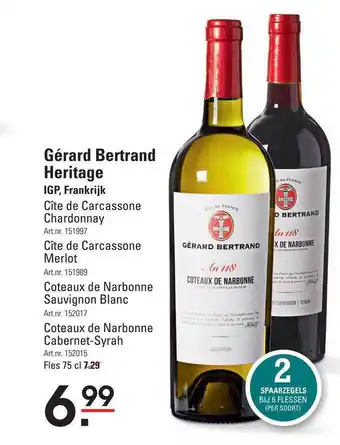 Sligro Gérard Bertrand Heritage Cîte De Carcassone Chardonnay, Cîte De Carcassone Merlot, Coteaux De Narbonne Sauvignon Blanc Of Cot aanbieding