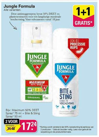 De Online Drogist Jungle Formula Maximum 50% Deet Spray 75 Ml + Bite & STing Spray 50 Ml 1+1 Gratis aanbieding