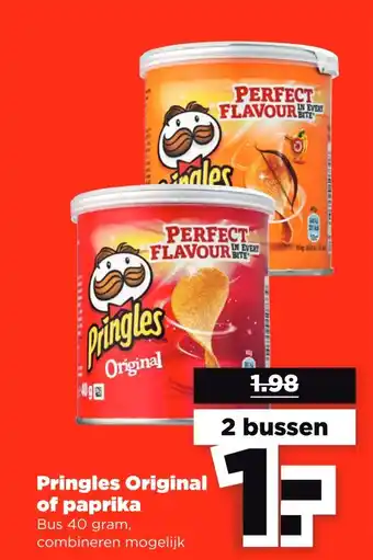 PLUS Pringles Original of paprika 40 gram aanbieding