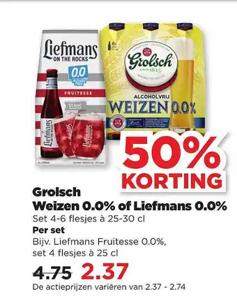 PLUS Grolsch Weizen 0.0% Of Liefmans 0.0% 50% Korting aanbieding