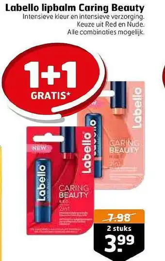 Trekpleister Labello Lipbalm Caring Beauty 1+1 Gratis aanbieding