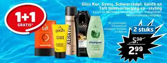 Trekpleister Gliss Kur, Syoss, Schwarzkopf, Got2b en Taft haarverzorging en -styling 2 x 400 ml aanbieding