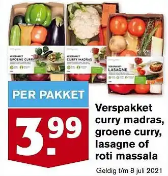 Hoogvliet Verspakket curry madras, groene curry, lasagne of roti massala aanbieding