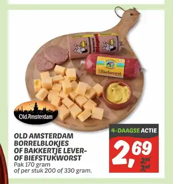 Dekamarkt Old amsterdam borrelblokjes of bakkertje lever- of biefstukworst 170 gram aanbieding