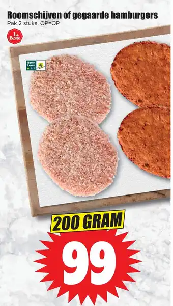 Dirk Roomschijven of gegaarde hamburgers pak 2 stuks 200 gram aanbieding