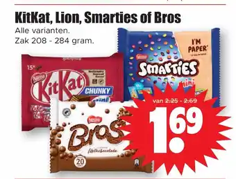 Dirk Kitkat, Lion, Smarties of Bros zak 208-284 gram aanbieding