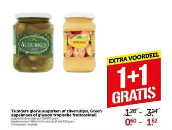 CoopCompact Tuinders glorie augurken of zilveruitjes, green appelmoes of g'woon tropische fruitcocktail 1+1 Gratis aanbieding