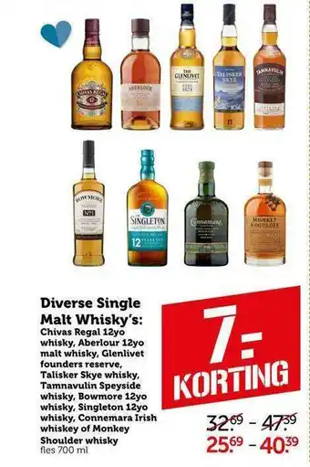 CoopCompact Diverse single malt whisky's : chivas regal, aberlour, glenlivet, talisker, tamnavulin, bowmore, singleton, connemara of monk aanbieding