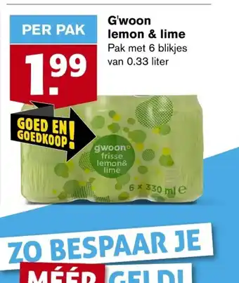 Hoogvliet G'woon lemon & lime 0.33 liter aanbieding