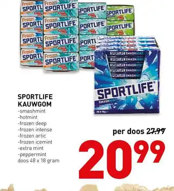 De Kweker Sportlife kauwgom smashmint, hotmint, frozen deep, frozen intense, frozen artic, frozen icemint, extra mint of peppermint aanbieding