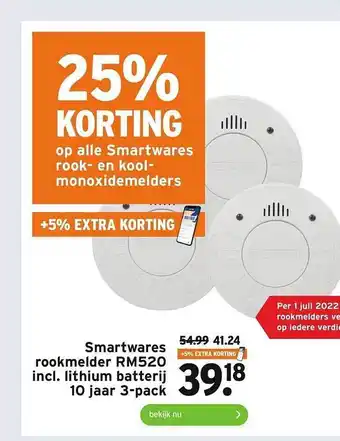 GAMMA Smartwares rookmelder rm520 incl. lithium batterij 10 jaar 3-pack 25% korting aanbieding