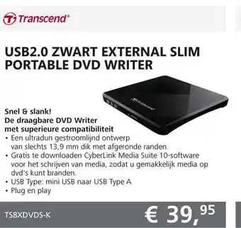 Informatique Transcend USB2.0 Zwart External Slim Portable DVD Writer aanbieding