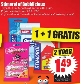 Dirk Stimorol of Bubblicious Kauwgom 1+1 aanbieding