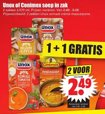 Dirk Unox of Conimex soep in zak 2*570ml aanbieding