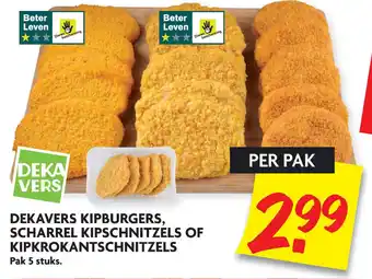 Dekamarkt Dekavers kipburgers, scharrel kipschnitzels of kipkrokantschnitzels aanbieding