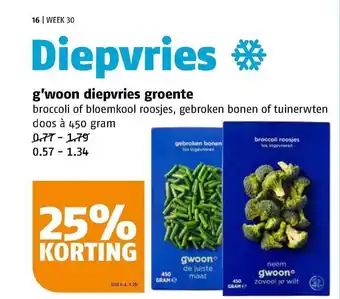 Poiesz G'woon diepvries groente broccoli of bloemkool roosjes, gebroken bonen of tuinerwten 25% korting aanbieding