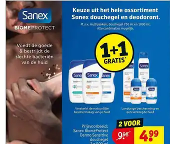 Kruidvat Sanex douchegel en deodorant 1+1 gratis aanbieding