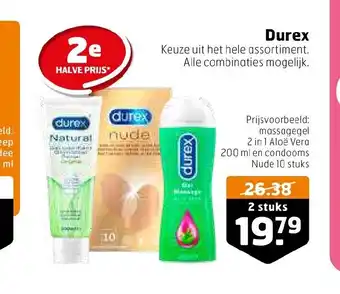 Trekpleister Durex massagegel 2 in 1 Aloe Vera 200 ml en condooms Nude 10 stuks aanbieding