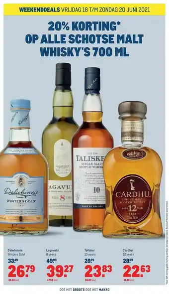 Makro Dalwhinnie winters gold, lagavulin 8 years, talisker 10 years of cardhu 12 years 20% Korting aanbieding