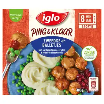 Jumbo Iglo ping & klaar zweedse balletjes met aardappelpuree, erwten en rode bosbessencoulis 400g aanbieding