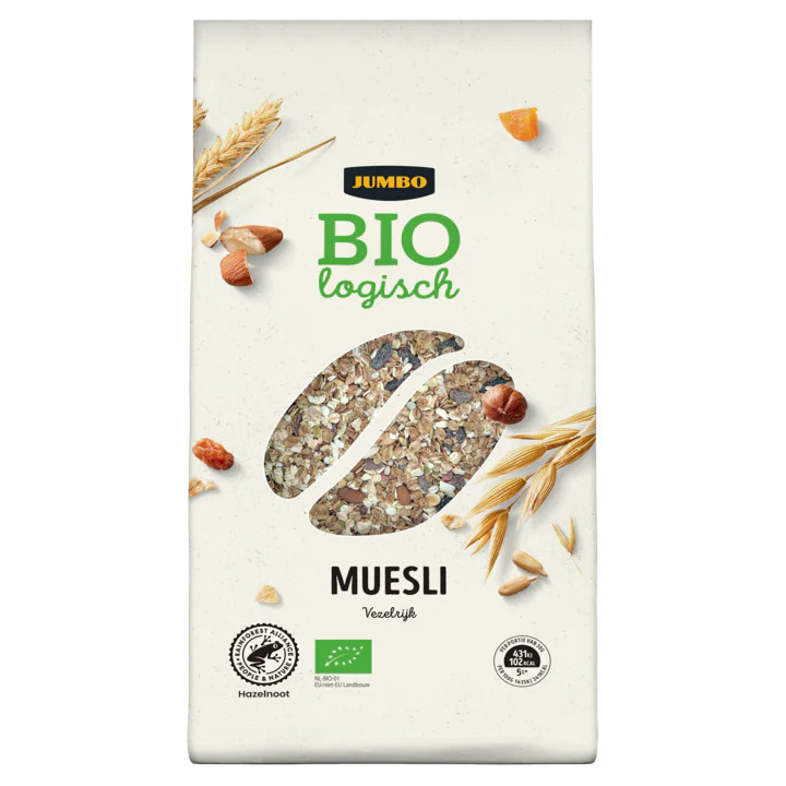 Jumbo biologische muesli van granen, noten en vruchten 500g aanbieding bij Jumbo