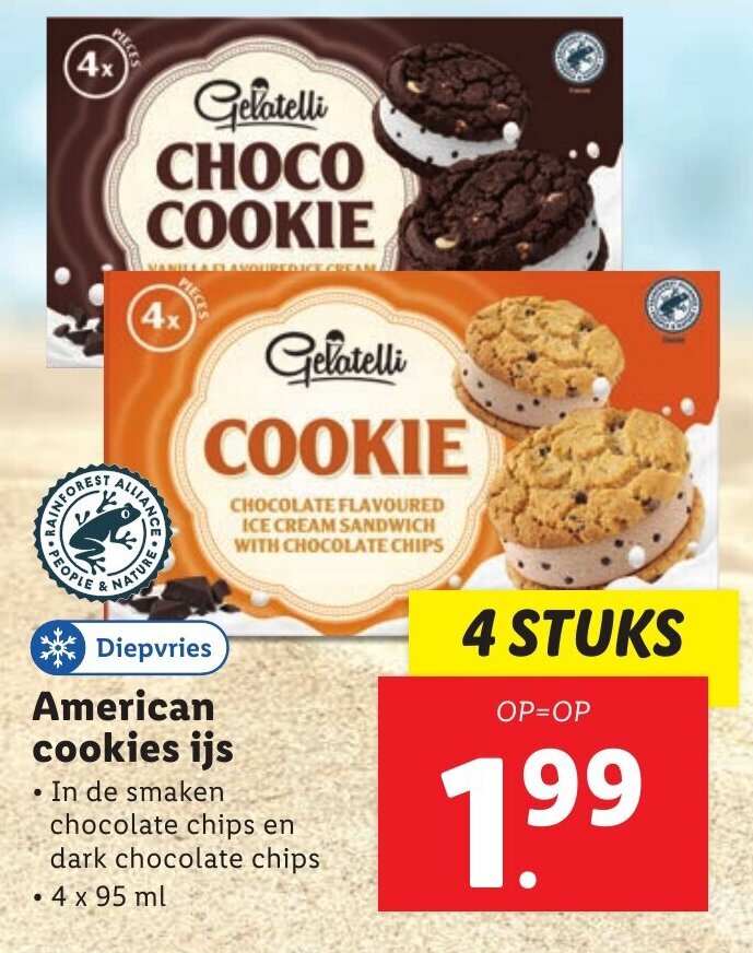 Gelatelli American cookies ijs 4 x 95 ml aanbieding bij Lidl