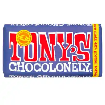 Jumbo Tony's chocolonely donkere melk 42% pretzel toffee chocolade reep 180g aanbieding