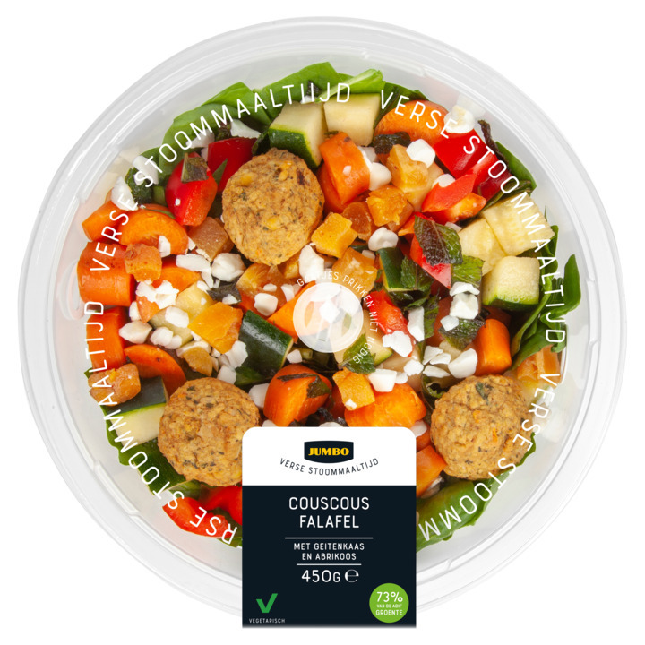 Jumbo verse stoommaaltijd couscous falafel met geitenkaas en abrikoos 450g aanbieding bij Jumbo