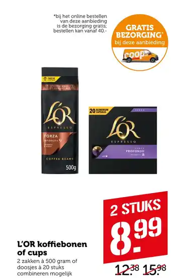 Coop L'OR koffiebonen of cups 500g aanbieding