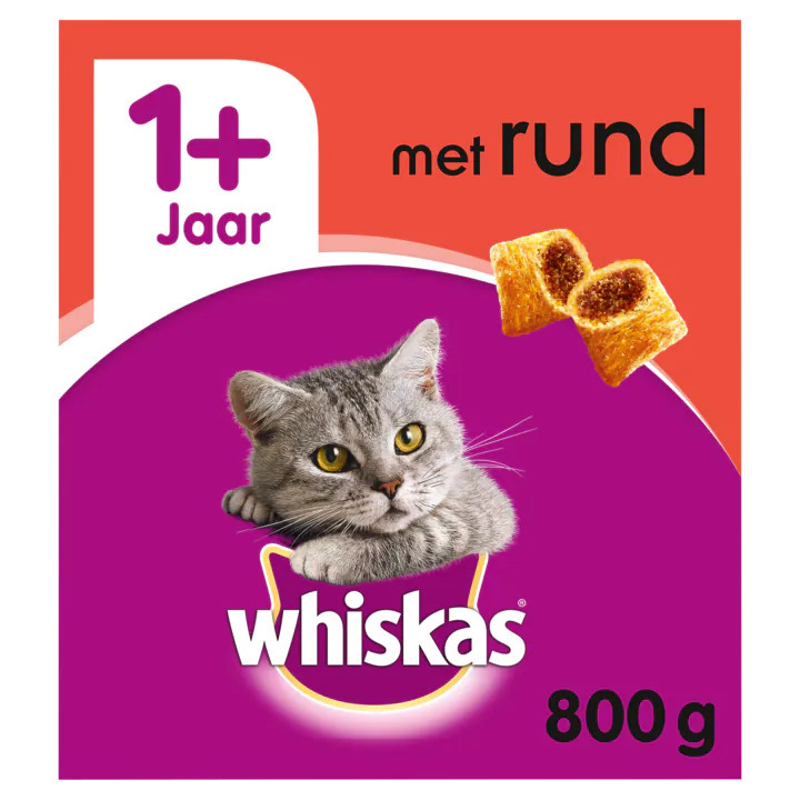 Whiskas 1+ adult droge brokjes rund kattenvoer 800g aanbieding bij Jumbo