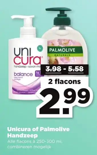 PLUS Unicura of Palmolive Handzeep 250-300 ml 2 flacons aanbieding