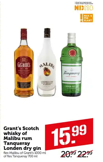 Coop Grant's Scotch whisky of Malibu rum Tanqueray Londen dry gin 700ml aanbieding