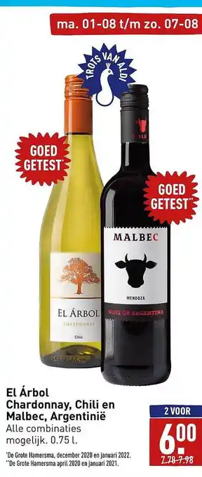 ALDI El árbol chardonnay, chili en malbec, argentinië aanbieding