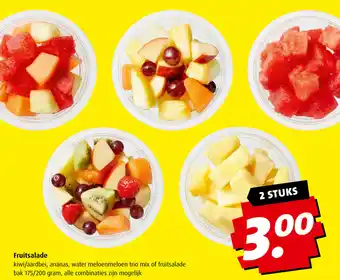 Boni Fruitsalade kiwi/aardbei, ananas, water meloenmeloen trio mix of fruitsalade bak 175/200 gram 2 stuks aanbieding