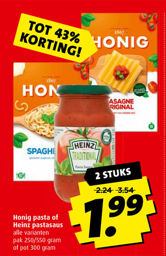 Boni Honig pasta of Heinz pastasaus pak 250/550 gram of pot 300 gram 2 stuks aanbieding