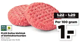 PLUS PLUS Duitse biefstuk of biefstuktartaartjes 100g aanbieding