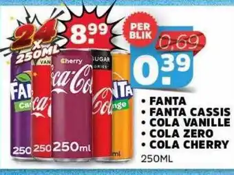 Sahan Supermarkten Fanta, fanta cassis, cola vanille, cola zero of cola cherry 250ml aanbieding